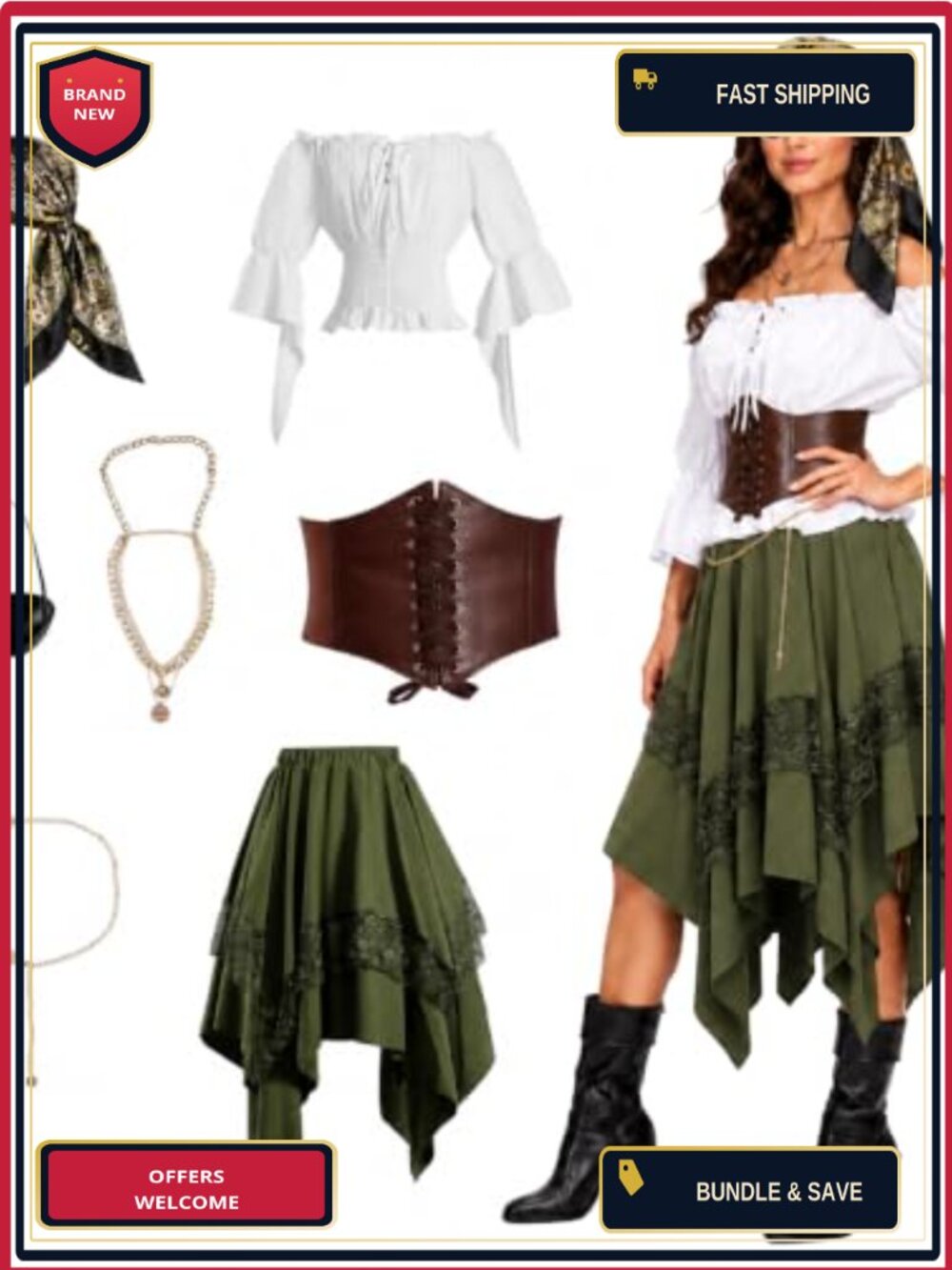 Pirate Cosplay Costume Corset Lace Up Skirt Renaissance Faire Outfit